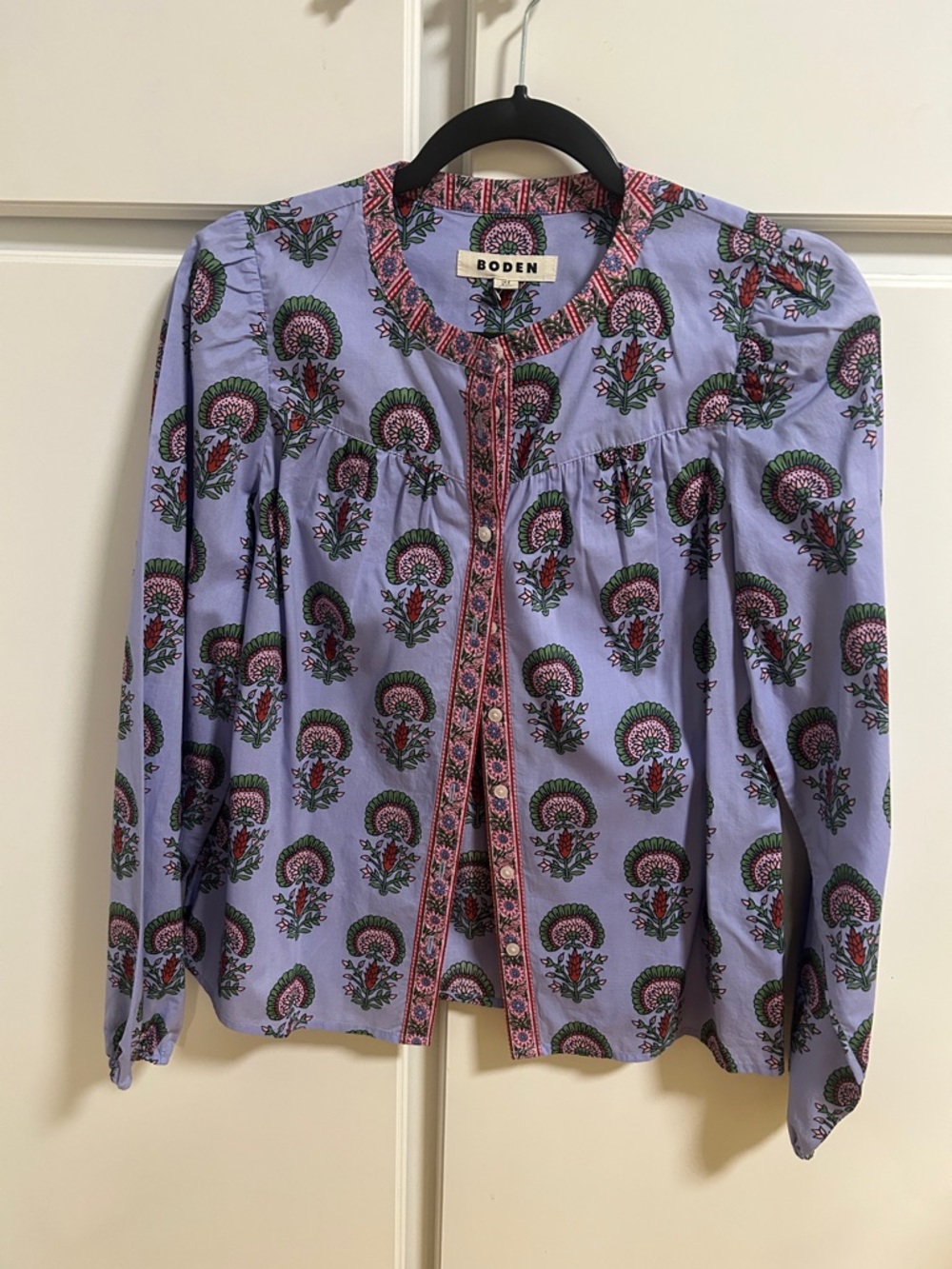 Boden Lavender Floral Button-Front Blouse with Green & Pink Accents